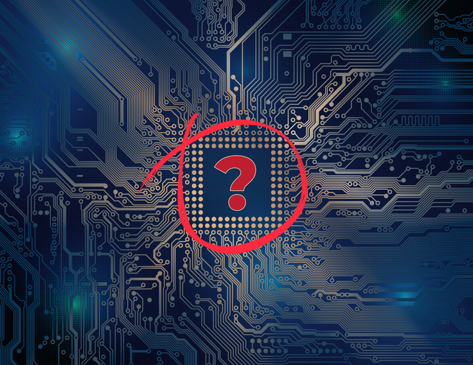 Chip shortage concept. Global shortage of semiconductor processors. Deficit chips. Abstract technology background, microchip. Printed circuit board, motherboard. Question mark. Vector illustration
